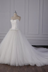 Simple Spaghetti Straps Satin Wedding Dress Tulle Ruffles Sleeveless Bridal Gowns Onlien-27dress