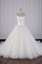 Simple Spaghetti Straps Satin Wedding Dress Tulle Ruffles Sleeveless Bridal Gowns Onlien-27dress