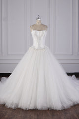 Simple Spaghetti Straps Satin Wedding Dress Tulle Ruffles Sleeveless Bridal Gowns Onlien-27dress