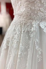 Simple Tulle Lace V Neck Appliques A-Line Wedding Dresses Long-27dress
