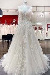 Simple Tulle Lace V Neck Appliques A-Line Wedding Dresses Long-27dress