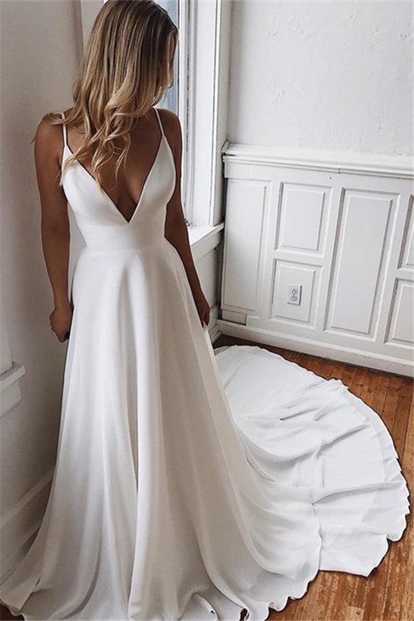 Simple V-Neck Sleeveless Chiffon Wedding Dress Online-27dress