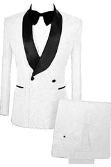 Simple Double Breasted Jacquard White Wedding Suits With Velvet Lapel