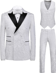 Simple Jacquard Double Breasted Three Pieces White Prom Suits