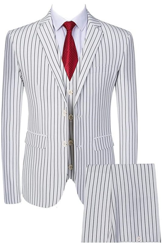 Simple Notched Lapel Three Pieces Striped White Prom Suits