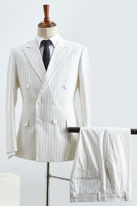Simple White Striped Double Breasted Slim Fit Custom Suit For Business