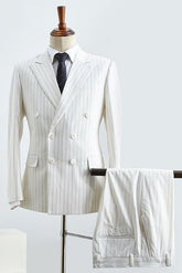 Simple White Striped Double Breasted Slim Fit Custom Suit For Business