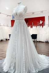 Simply Sleeveless White Tulle Lace Ruffles A-Line Wedding Dresses Long-27dress