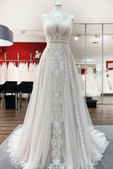 Simply Sleeveless White Tulle Lace Ruffles A-Line Wedding Dresses Long-27dress