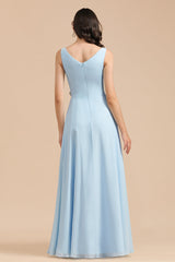 Sky Blue Chiffon Long Bridesmaid Dress Ruched-27dress