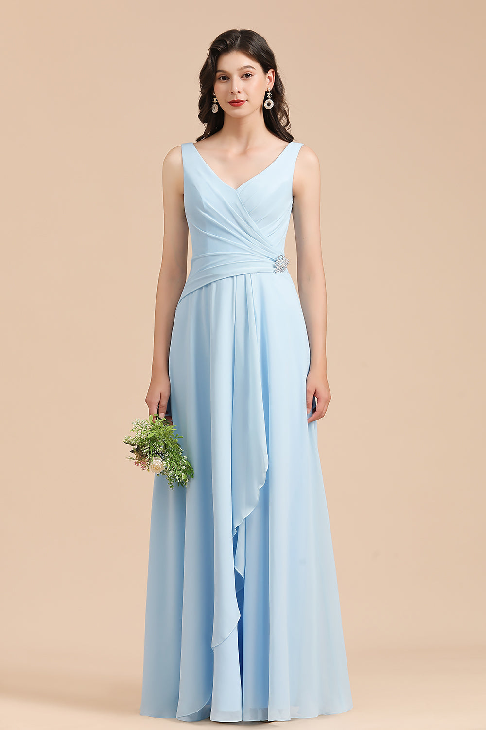 Sky Blue Chiffon Long Bridesmaid Dress Ruched-27dress