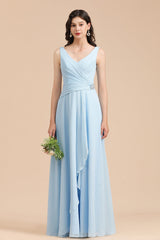 Sky Blue Chiffon Long Bridesmaid Dress Ruched-27dress