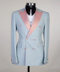 Sky Blue Double Breasted Men Suits With Pink Peaked Lapel