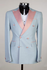 Sky Blue Double Breasted Men Suits With Pink Peaked Lapel