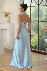 Sky Blue Halter Sheath Long Prom Dress with High Slit-27dress
