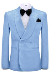 Sky Jacquard Double Breasted Blue Wedding Suits Shawl Lapel Two Pieces Wedding Wear Suits