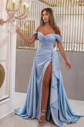 Sky Blue Off the Shoulder Elegant Mermaid Sweetheart Prom Dress With Split
