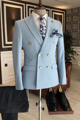 Sky Peaked Lapel Double Breasted Bespoke Blue Business Suits