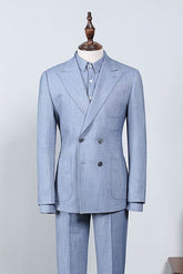 Sky Blue Plaid Peaked Lapel Tailored Business Suit