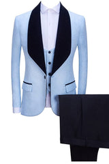 Sky Shawl Lapel Three Pieces Jacquard Blue Wedding Suits