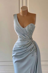 Sky Blue Sleeveless One Shoulder Ruffles Mermaid Prom Dress with Split-27dress