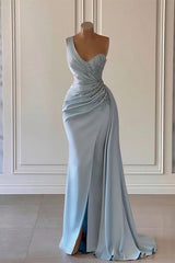 Sky Blue Sleeveless One Shoulder Ruffles Mermaid Prom Dress with Split-27dress