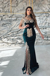 Sleeveless Applique Split Mermaid Prom Dress Dark Green With Detachable Skirt
