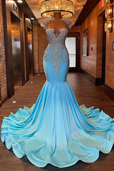Sleeveless Blue Popular Long Mermaid Prom Dress Appliques With Beadings