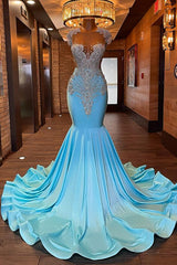 Sleeveless Blue Popular Long Mermaid Prom Dress Appliques With Beadings