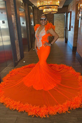 Sleeveless Charming Beads Mermaid Orange Prom Dress Appliques With Feathers