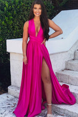 Sleeveless Fuchsia Deep V Neck Backless A Line Long Prom Dress With Split