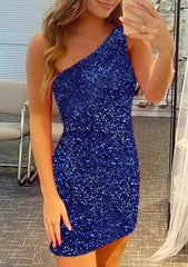 27Dress sleeveless homecoming dress in sparkling blue one-shoulder design with fitted silhouette