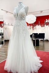Sleeveless Ivory Lace Appliques A-Line Wedding Dresses-27dress