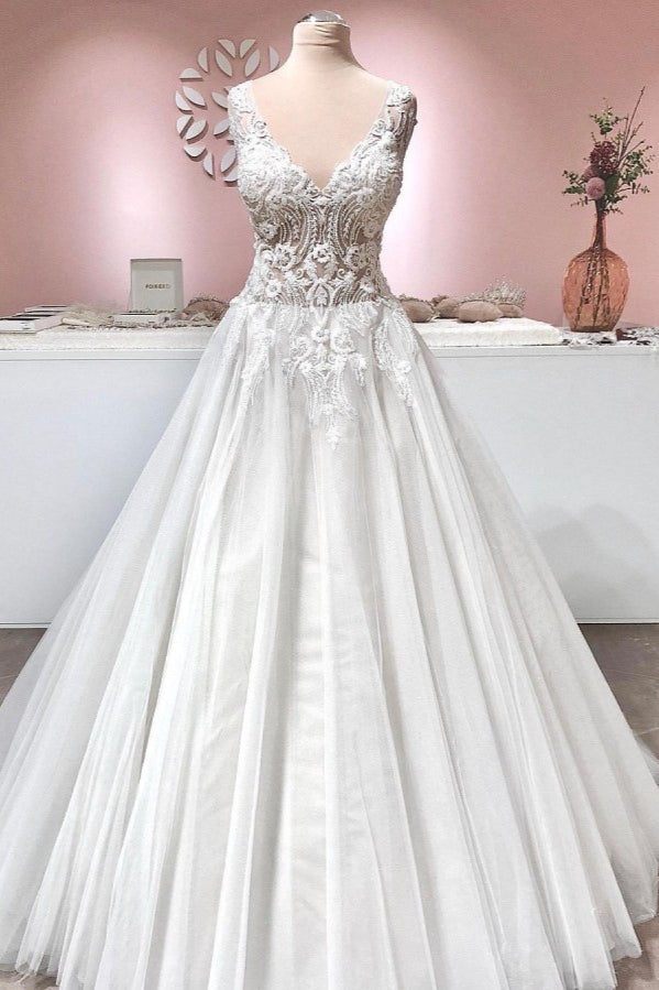 Sleeveless Lace Appliques Wedding Dress Long With V-Neck-27dress