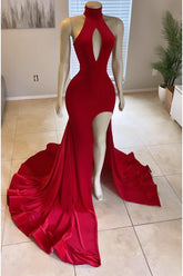 Sleeveless Mermaid High Neck Prom Dress Glorious Red With Front Split Online