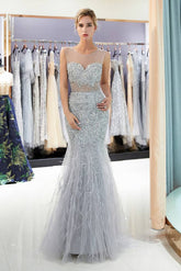 Sleeveless Mermaid Sequined Silver Long Prom Dress-27dress