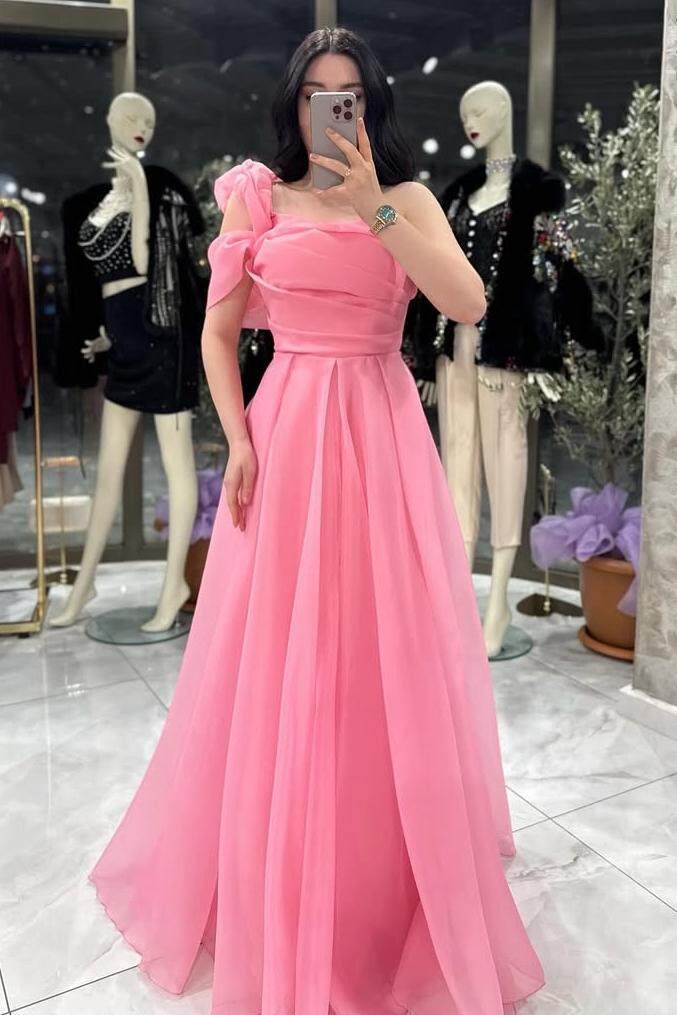 Sleeveless One Shoulder Long A Line Prom Dress With Pleated