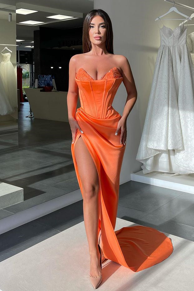 Sleeveless Orange Beads V Neck Mermaid Long Prom Dress With Front Split