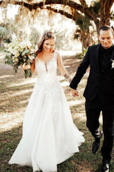 Sleeveless Princess Wedding Dress V-Neck With Lace Appliques-27dress