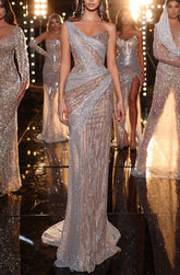 Sleeveless Prom Dress One Shoulder Sequins With Beading Long