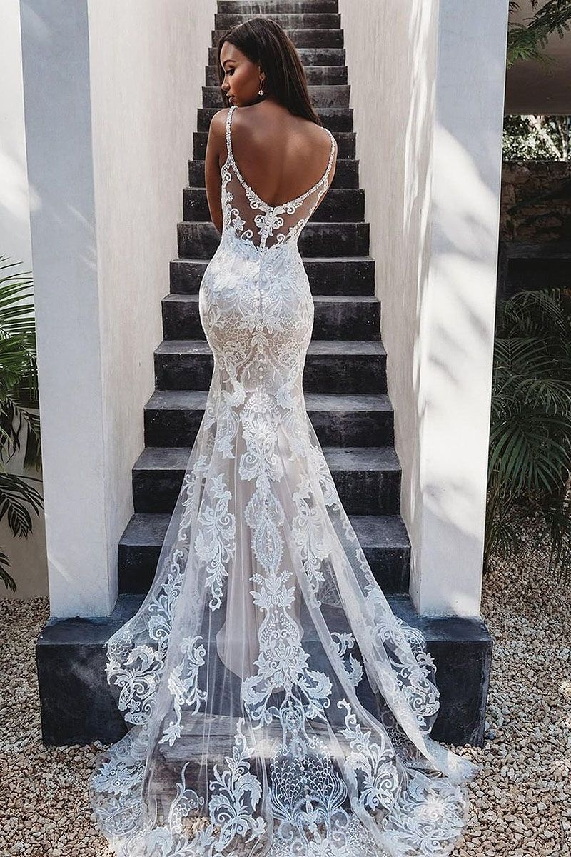 Sleeveless Spaghetti-Straps Lace Wedding Dress Mermaid Open Back-27dress