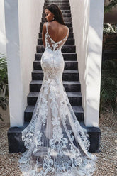 Sleeveless Spaghetti-Straps Lace Wedding Dress Mermaid Open Back-27dress