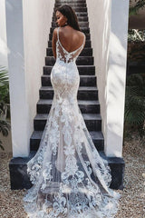Sleeveless Spaghetti-Straps Lace Wedding Dress Mermaid Open Back-27dress