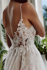 Sleeveless Spaghetti-Straps V-Neck Lace Wedding Dress-27dress