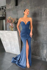 Sleeveless Strapless Long Mermaid Prom Dress With Pleated Split