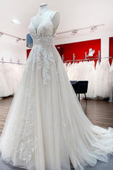 Sleeveless Tulle V Neck Ruffles Wedding Dresses With Lace-27dress