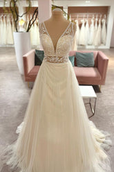 Sleeveless V-Neck Wedding Dress Lace Tulle Bridal Gowns-27dress