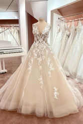 Sleeveless V-Neck Wedding Dress Long With Appliques-27dress