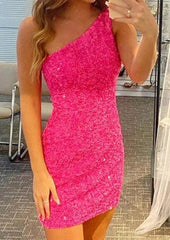 27Dress sleeveless homecoming dress in bright pink with one-shoulder design and textured fabric