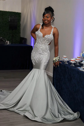 Sliver Spaghetti Strap Sleeveless Mermaid Prom Dress Trumpet With Flower Appliques